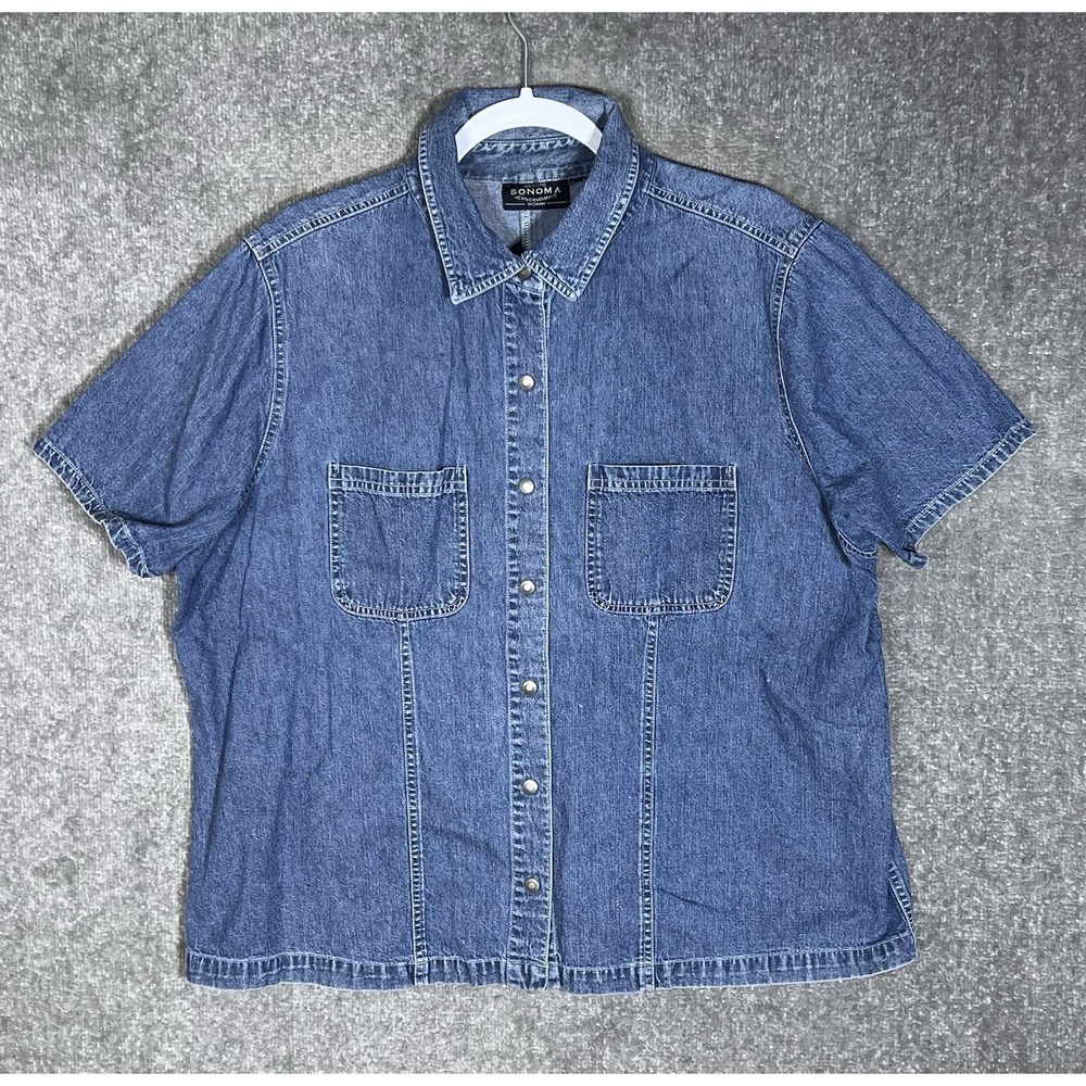 Vintage Sonoma Snap Front Denim Shirt Womens Size 1X Blue Short Sleeve Pockets